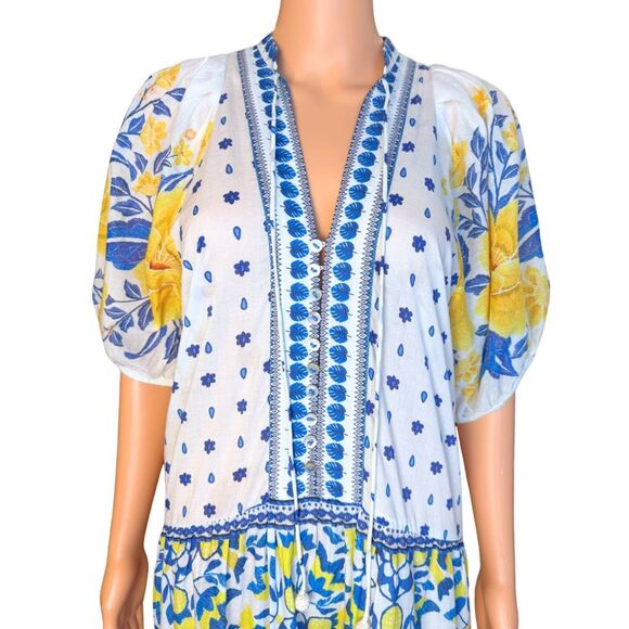 Farm Rio NWT Zuli Midi Dress Small Blue Yellow Floral Organic Cotton Puff Sleeve - Picture 4 of 8